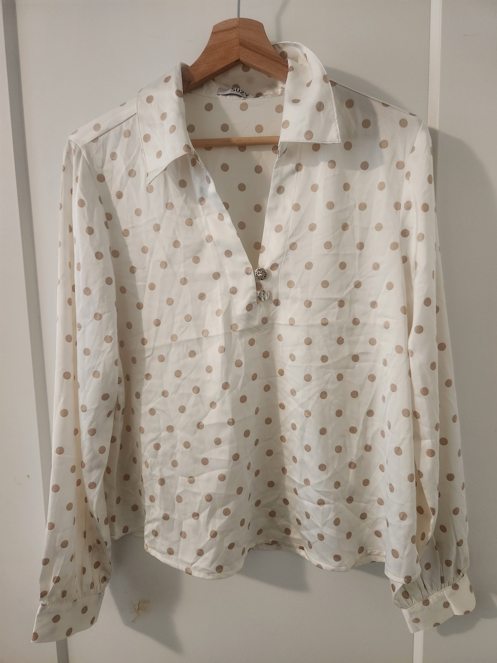 Suzy Shier Cream Blouse with Tan Polka Dots